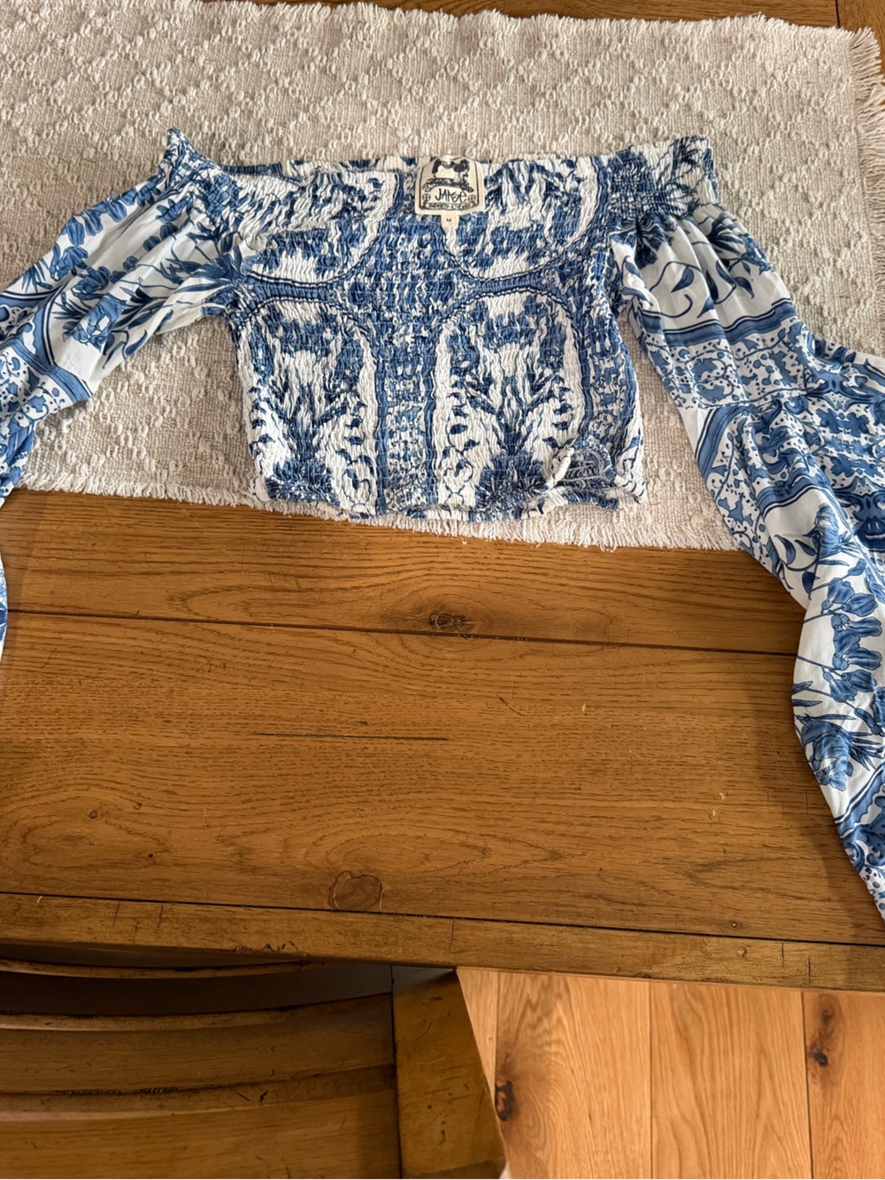 Jaase Blue and White Off-Shoulder Cropped Top